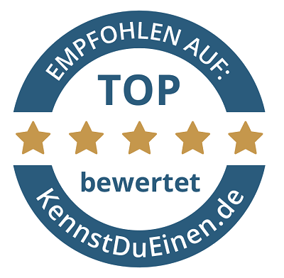Siegel mit fünf Sternen und der Aufschrift „Top bewertet auf KennstDuEinen.de“ als Empfehlung.